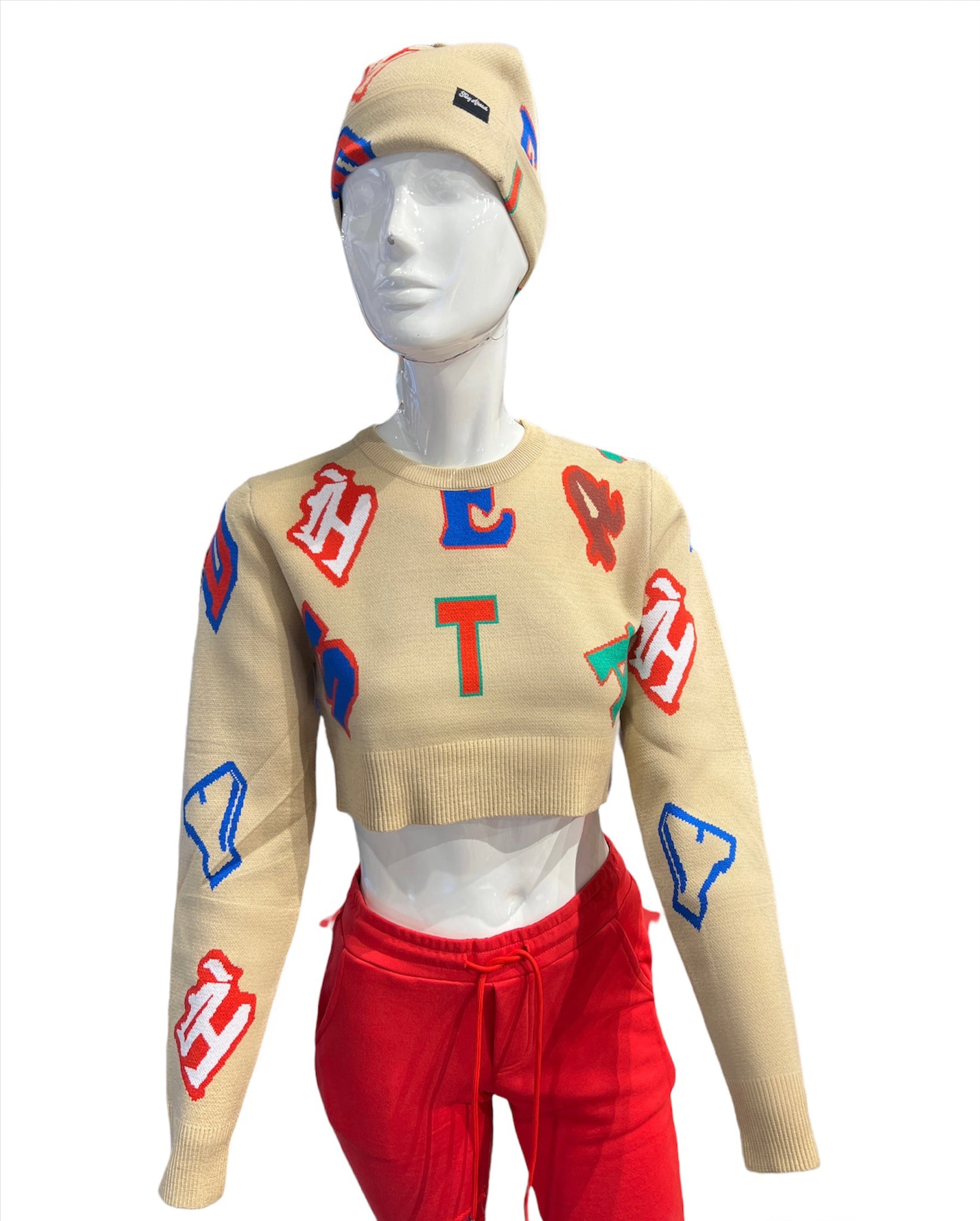 Tan Cropped Letter Sweater